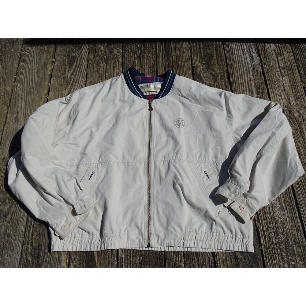 Vintage Perry Ellis Windbreaker Bomber Jacket Full Zip Trim Coat XL Cream Spring